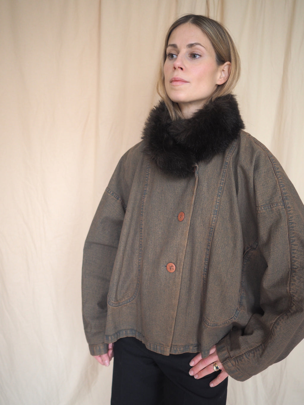 Denim Jacket with Fake-Fur Collar