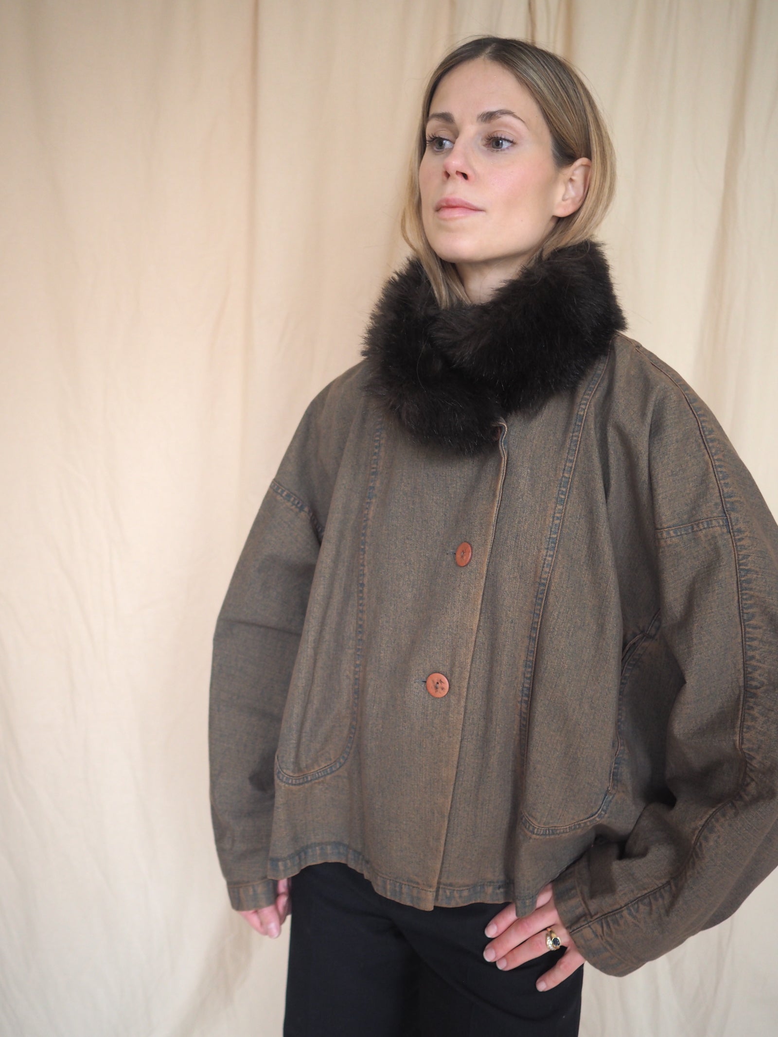 Denim Jacket with Fake-Fur Collar