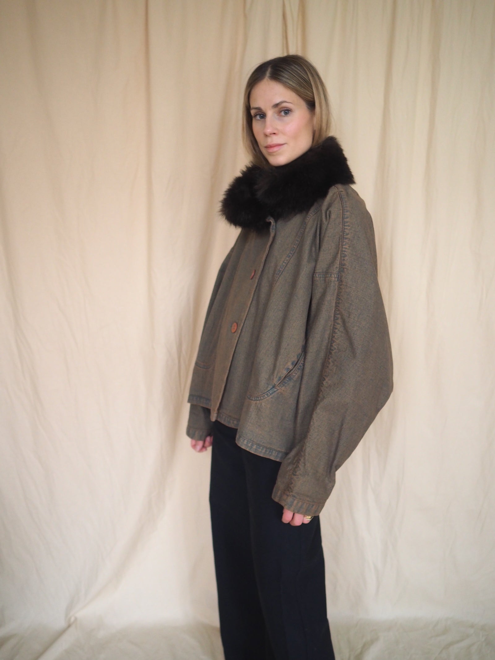 Denim Jacket with Fake-Fur Collar