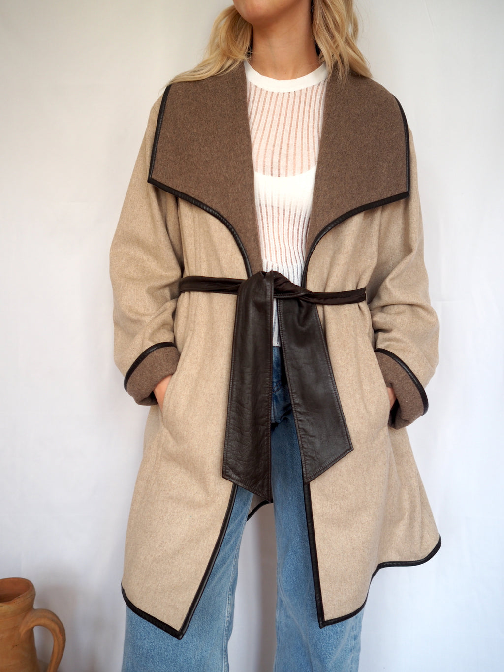 Belted Wool & Leather Coat